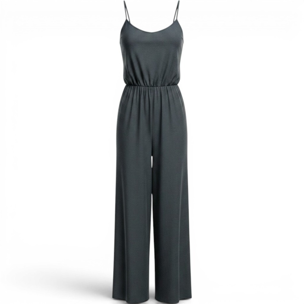 Quince Tencel Jersey Wide Leg Romper Dk Olive Green Spaghetti Strap SZ M